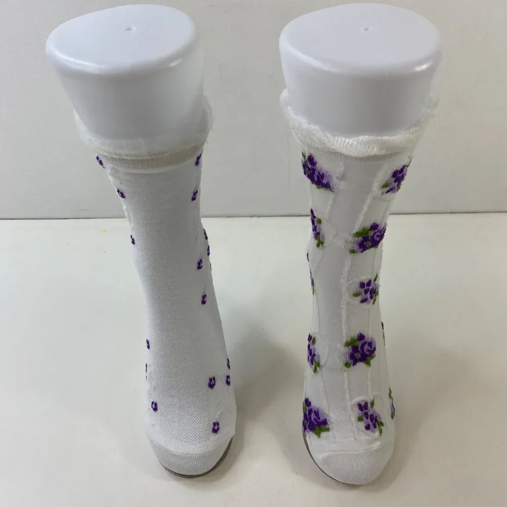 Womens Floral Knit Crew Socks 2 Pack Ruffle Cuff White Purple